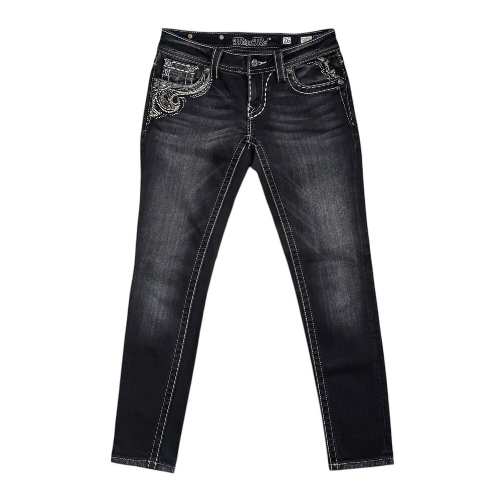 Miss Me Buckle Exclusive Jeans 26 Black Gray Skinny Low Rise Rhinestone Stretch